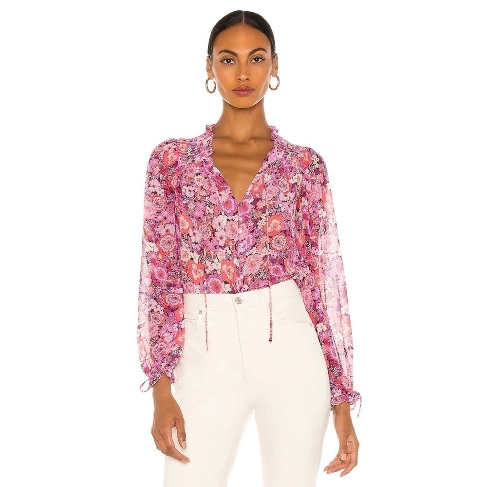 For Love & Lemons Grace Blouse Sheer Floral Long Sleeve Top in Carnation XS